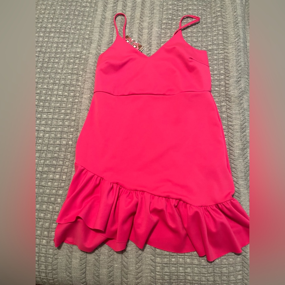Boohoo hot pink ruffle dress